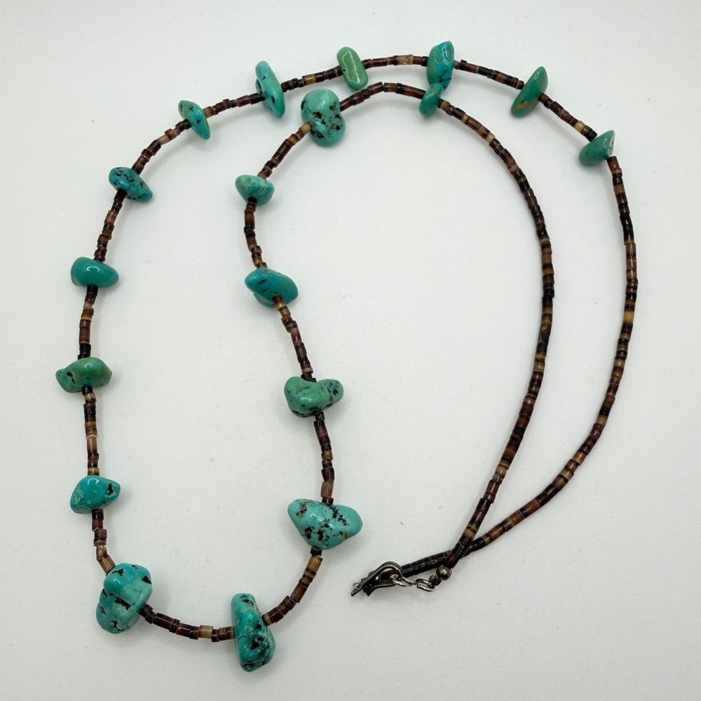 26.5" Native-style, heishi beaded and turquoise chunk necklace!